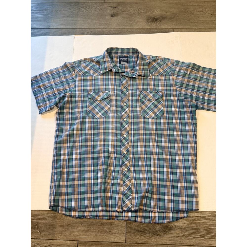 Wrangler Western Shirt Mens L Plaid Pearl Snap Short Sleeve Cowboy